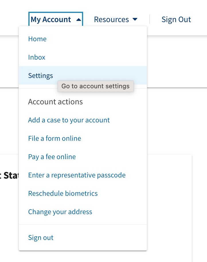 Tela com a opção Settings no portal USCIS