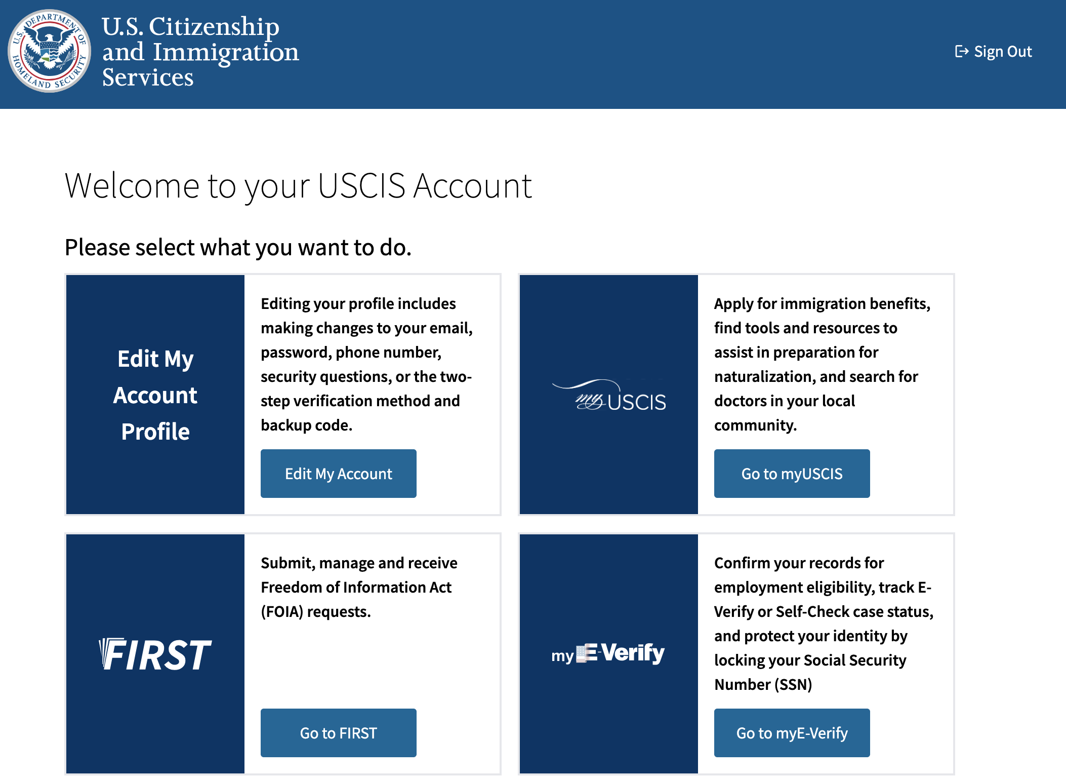 Tela mostrando My USCIS e My Account no portal USCIS
